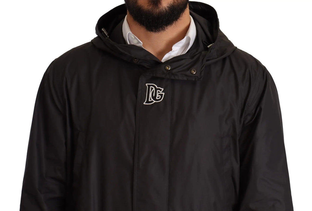 Dolce & Gabbana trench homme noir à capuche avec logo dg blanc brodé sur la poitrine en tissu de qualité