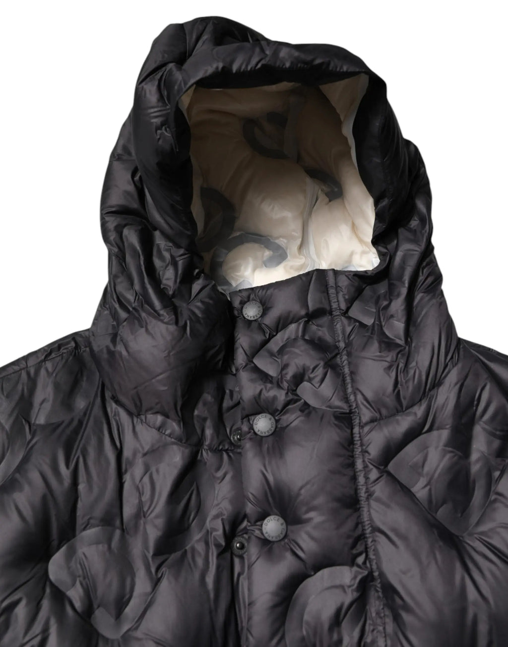 Parka noire dolce & gabbana matelassée avec capuche doublée camouflage gris beige et boutons argentés