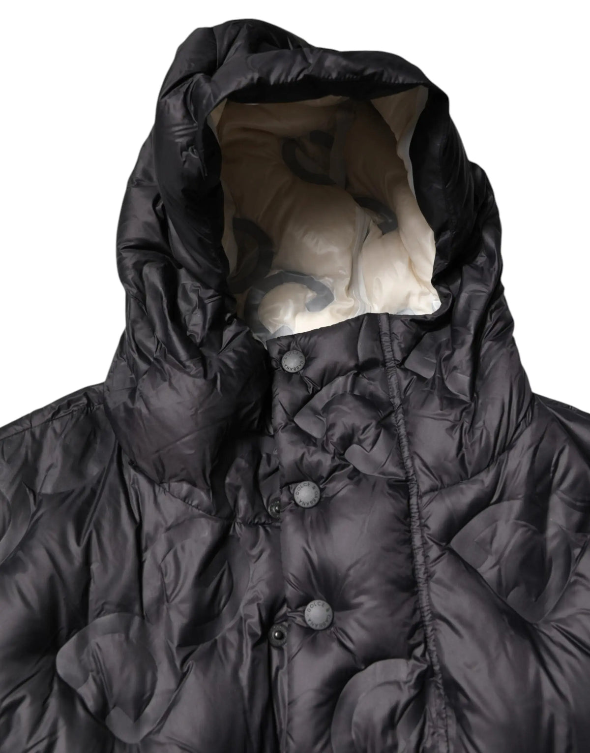 Parka noire dolce & gabbana matelassée avec capuche doublée camouflage gris beige et boutons argentés