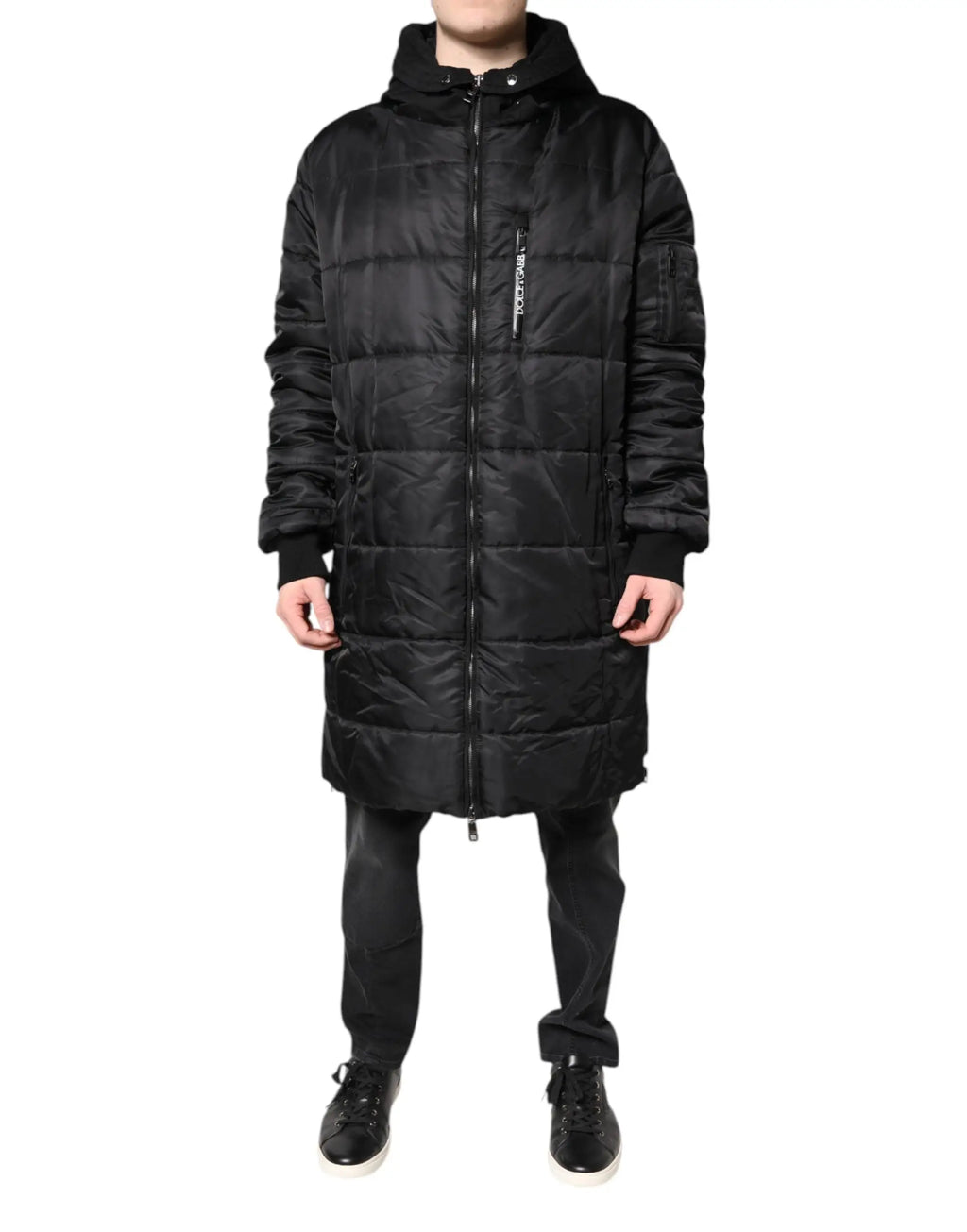 Dolce & gabbana parka noir matelassé avec capuche et fermeture éclair pour l’hiver