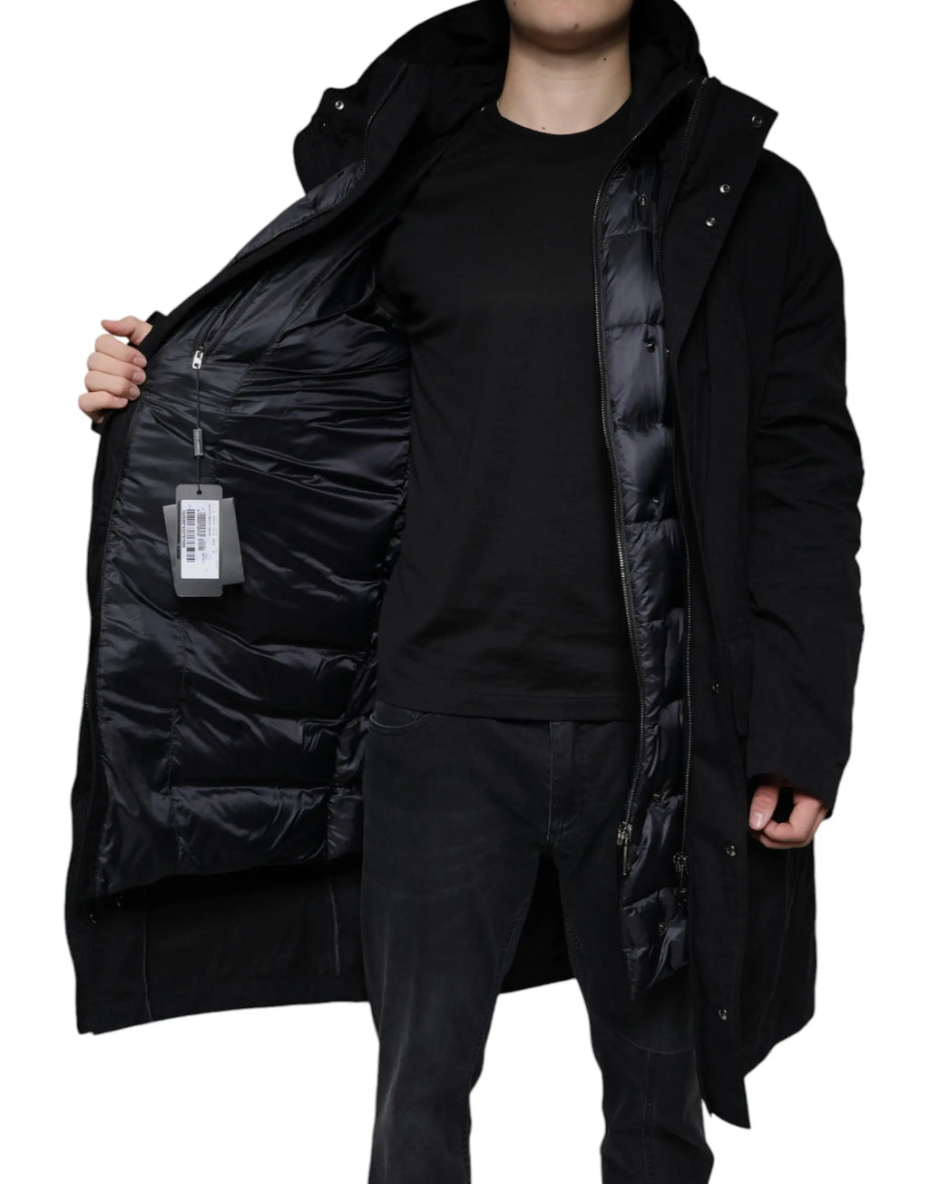 Dolce & gabbana parka noire matelassée avec capuche en coton idéale pour temps froid
