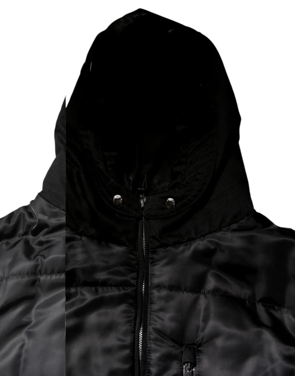 Dolce & gabbana parka homme noir avec veste matelassée brillante, capuche fixée par boutons pression argentés