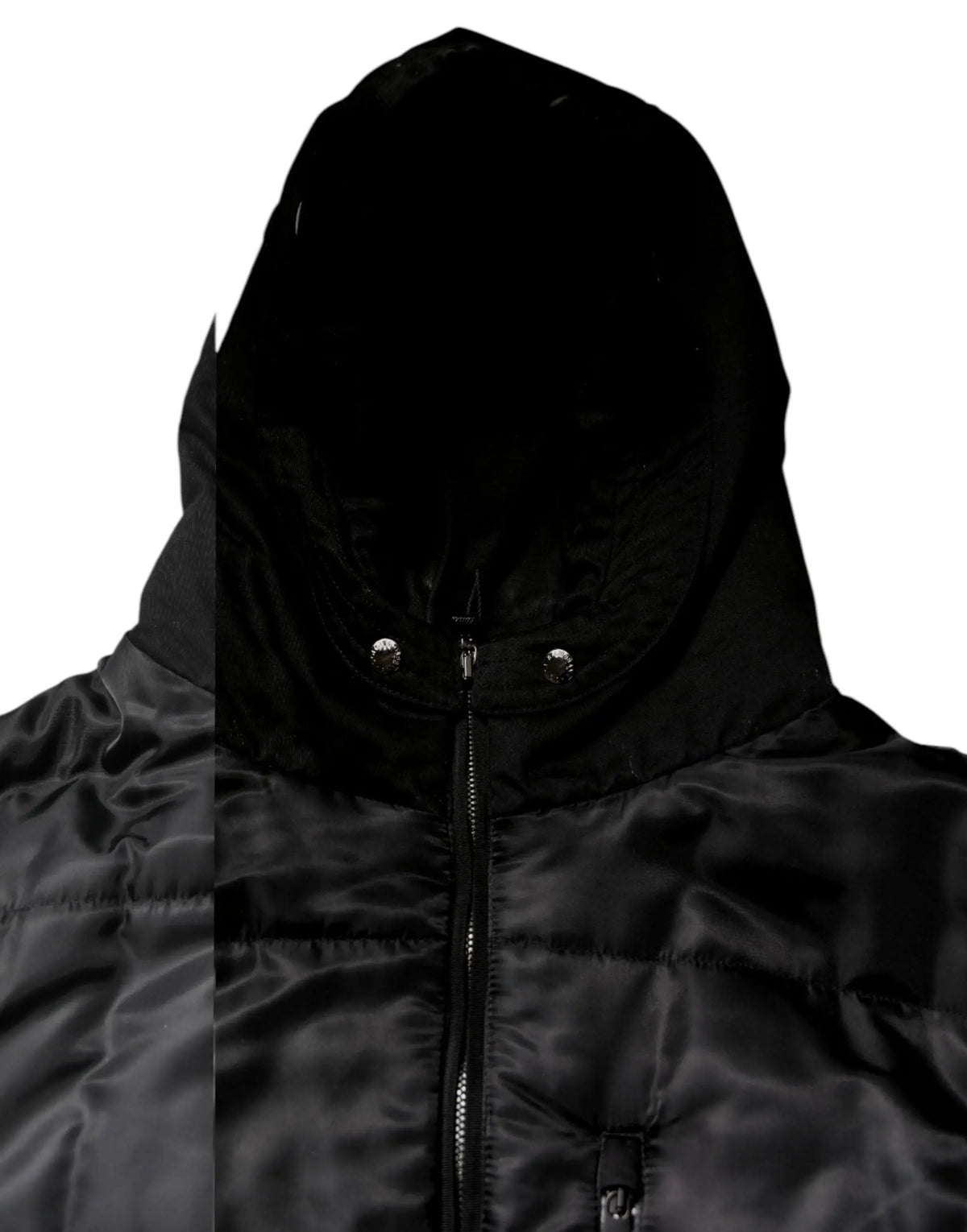 Dolce & gabbana parka homme noir avec veste matelassée brillante, capuche fixée par boutons pression argentés