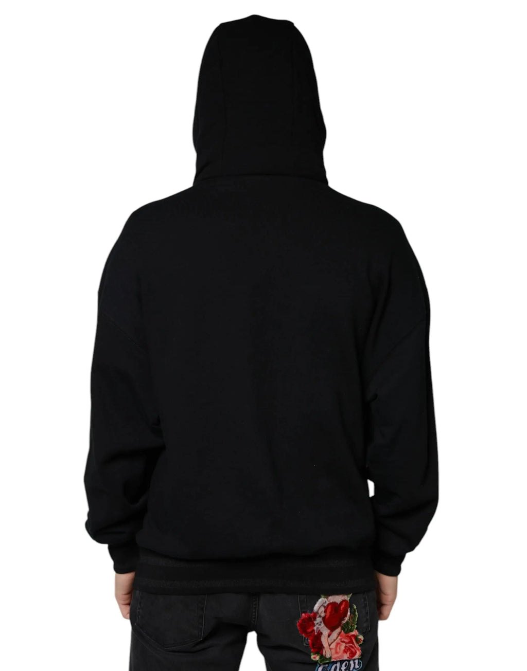 Sweat à capuche noir dolce & gabbana pour homme avec broderie rose rouge sur le bas du dos