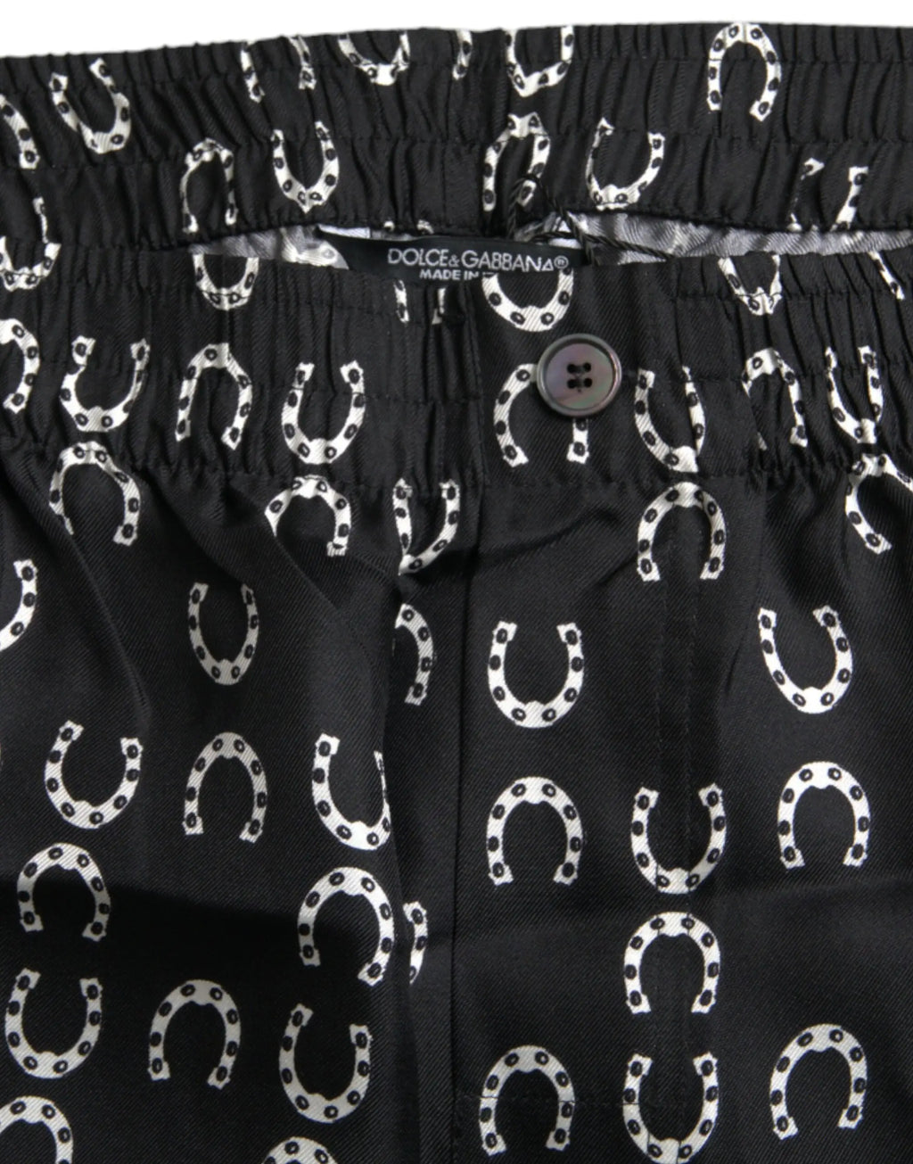 Dolce & gabbana noir boxer en soie avec imprimé fer à cheval blanc et détails à pois noirs