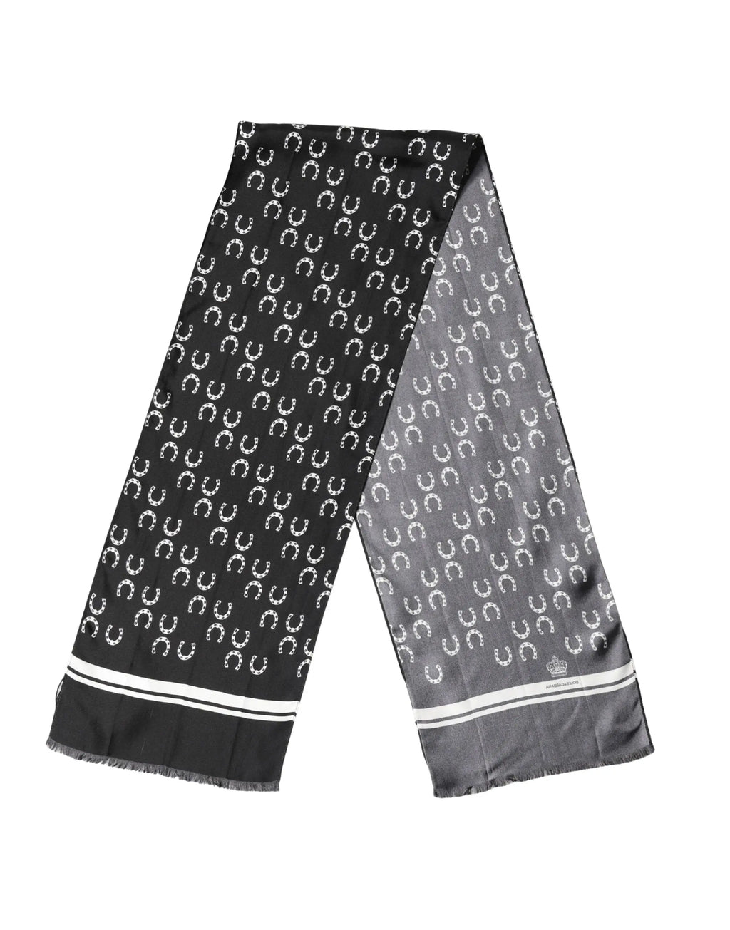Écharpe homme noire en soie dolce gabbana 136cm x 23cm avec motif fer à cheval blanc et dégradé gris