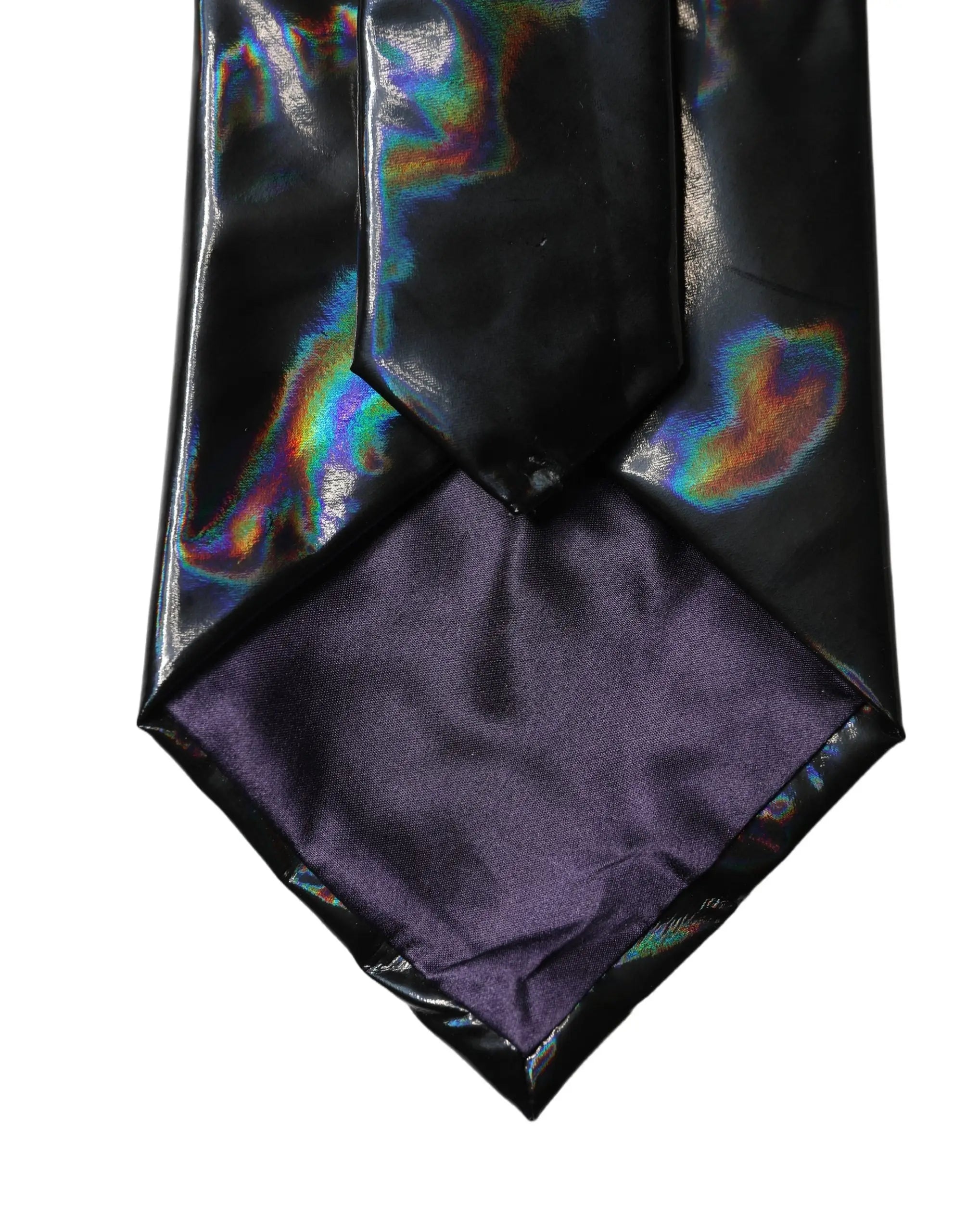 Dolce gabbana cravate femme noire en soie holographique avec motif irisé et doublure satinée violette ajustable