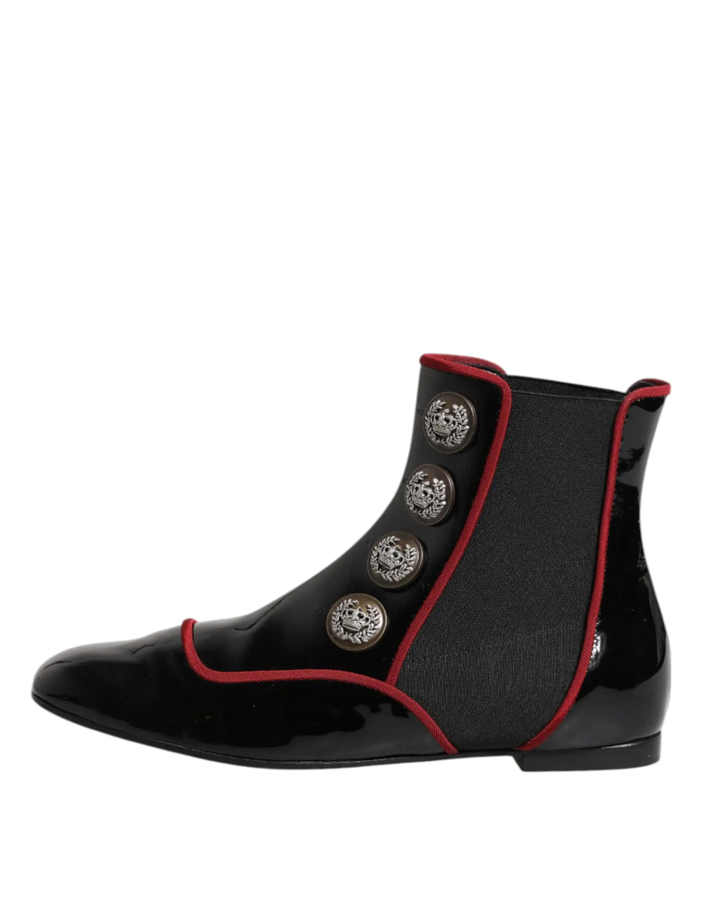 Dolce & gabbana bottines chelsea jackie noires en cuir verni avec surpiqûres rouges et boutons argentés tête de mort