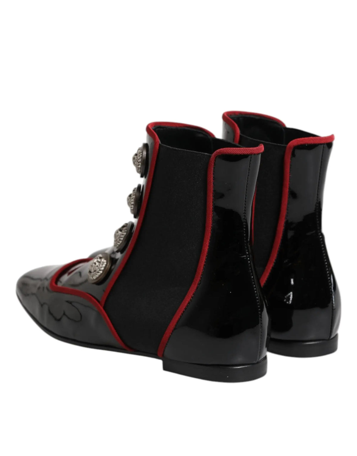 Dolce & gabbana bottines chelsea noires en cuir verni avec boutons décoratifs argentés et passepoil rouge