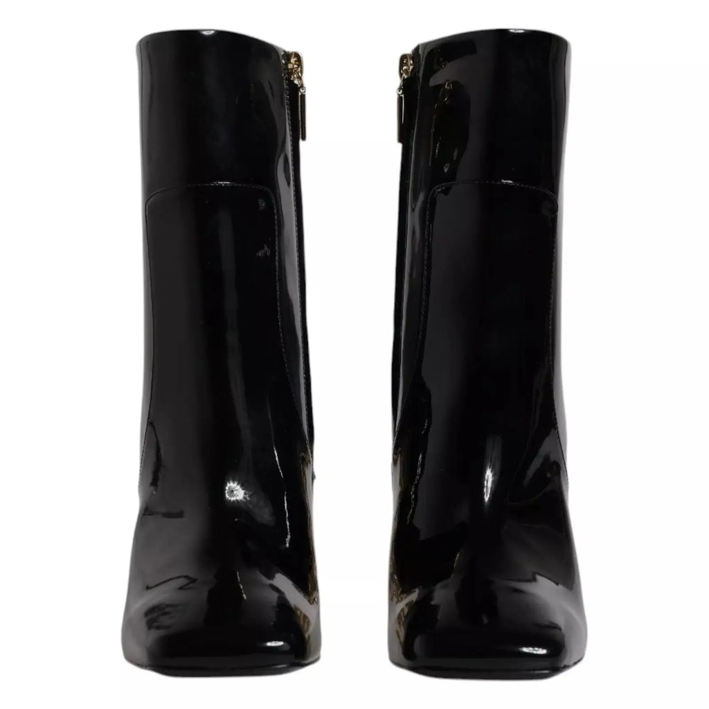 Dolce & gabbana bottes mi-mollet jackie en cuir noir avec finitions vernies et fermetures éclair dorées