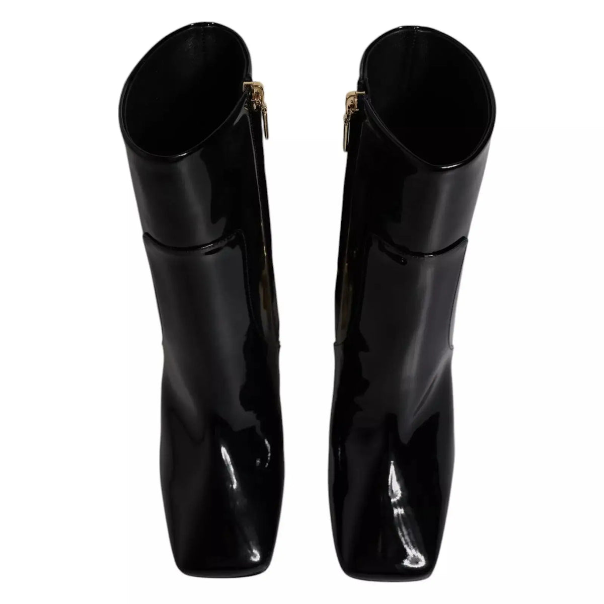 Dolce & gabbana black jackie mid calf boots in black patent leather with square toe and gold tone zipper accents