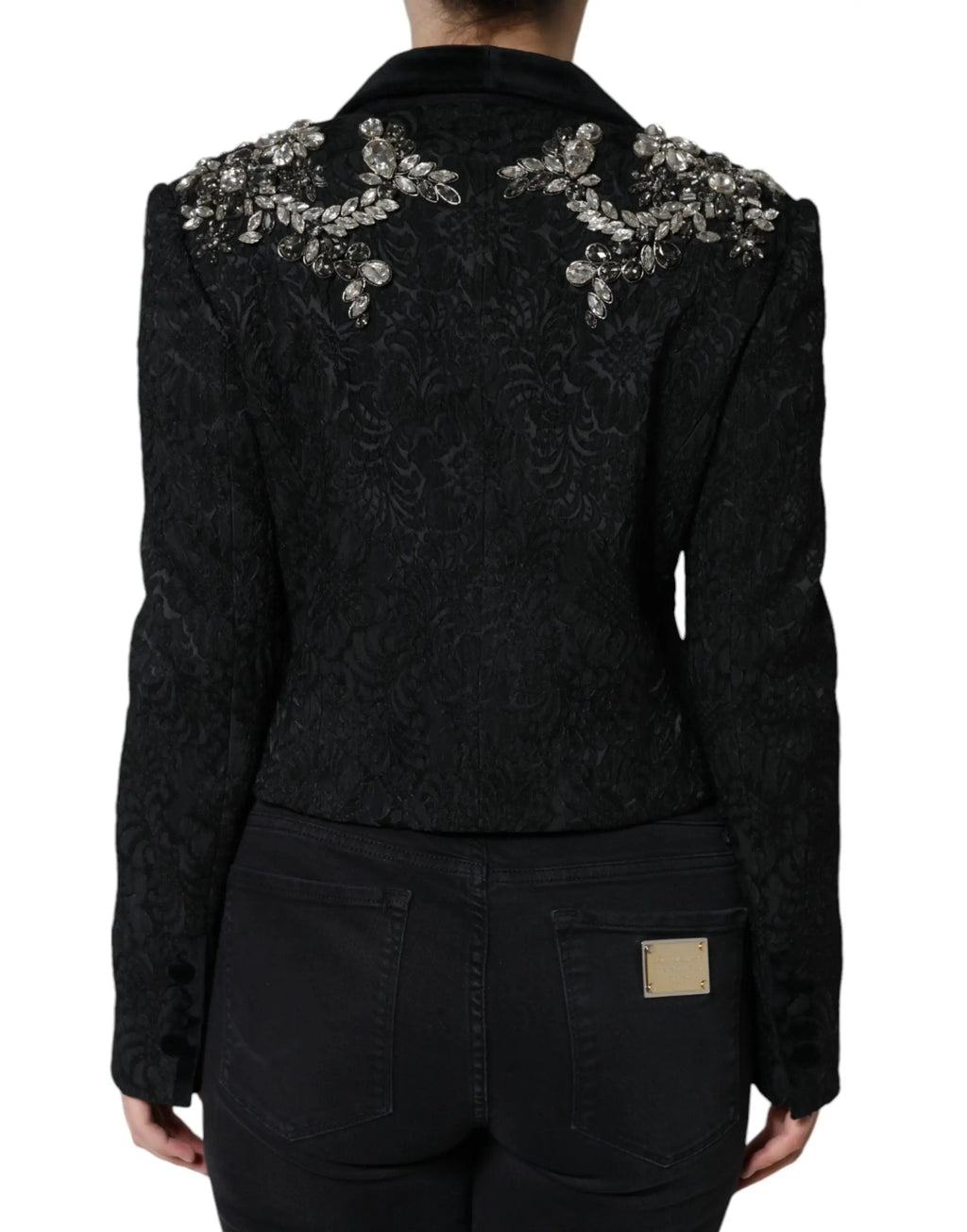 Veste blazer en jacquard noir dolce & gabbana ornée de cristaux argentés et transparents aux épaules