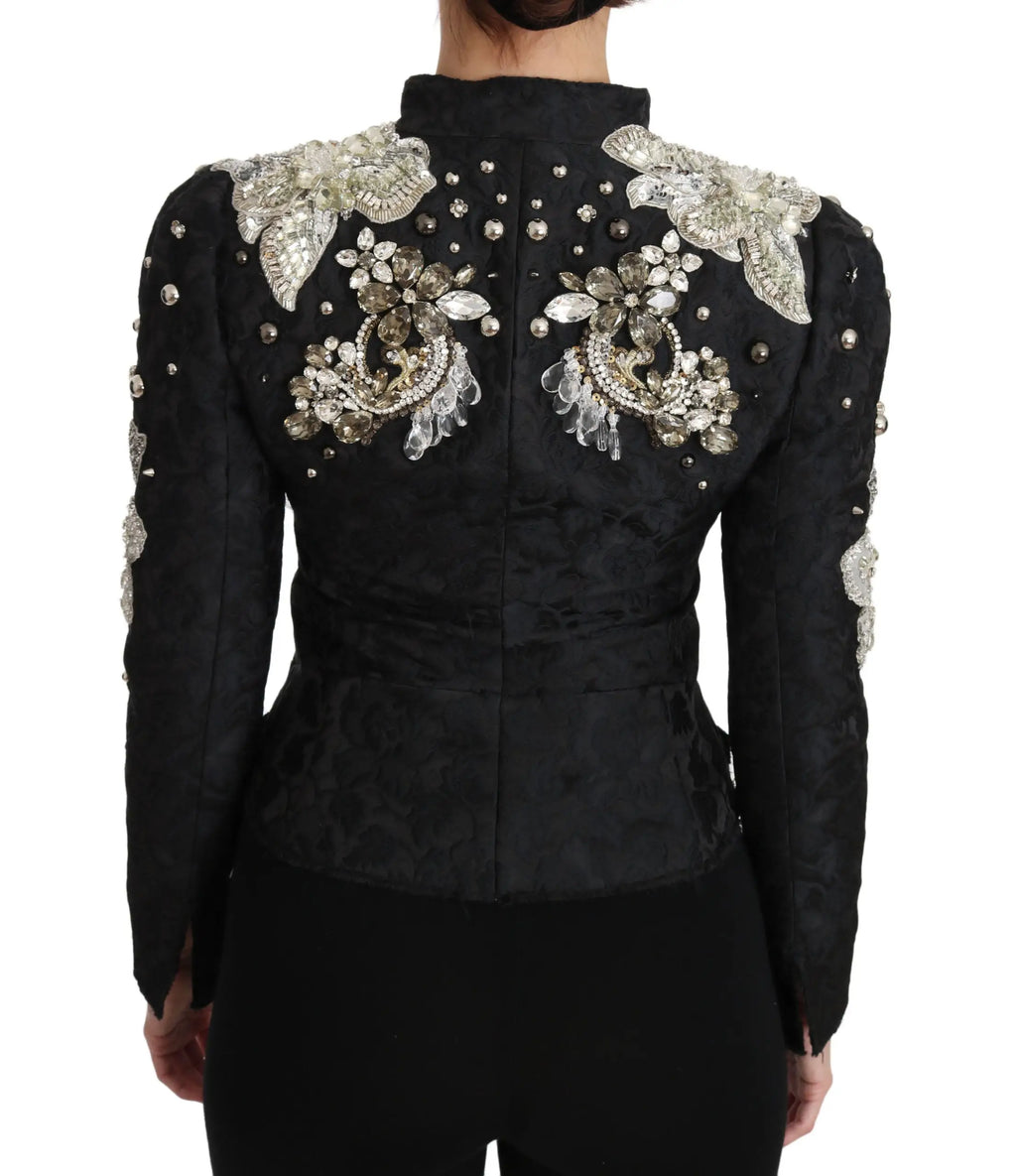 Veste noire dolce & gabbana en jacquard avec broderie florale en cristaux et argentée vue de dos