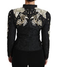 Veste noire dolce & gabbana en jacquard avec broderie florale en cristaux et argentée vue de dos