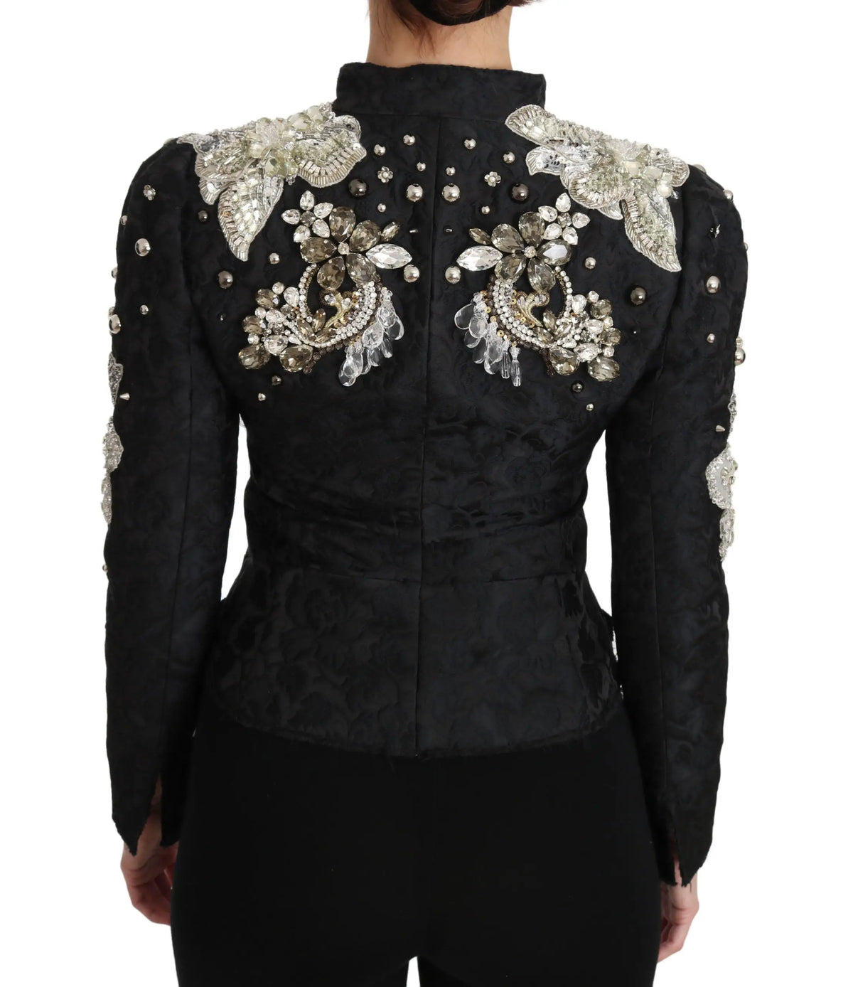Veste noire dolce & gabbana en jacquard avec broderie florale en cristaux et argentée vue de dos