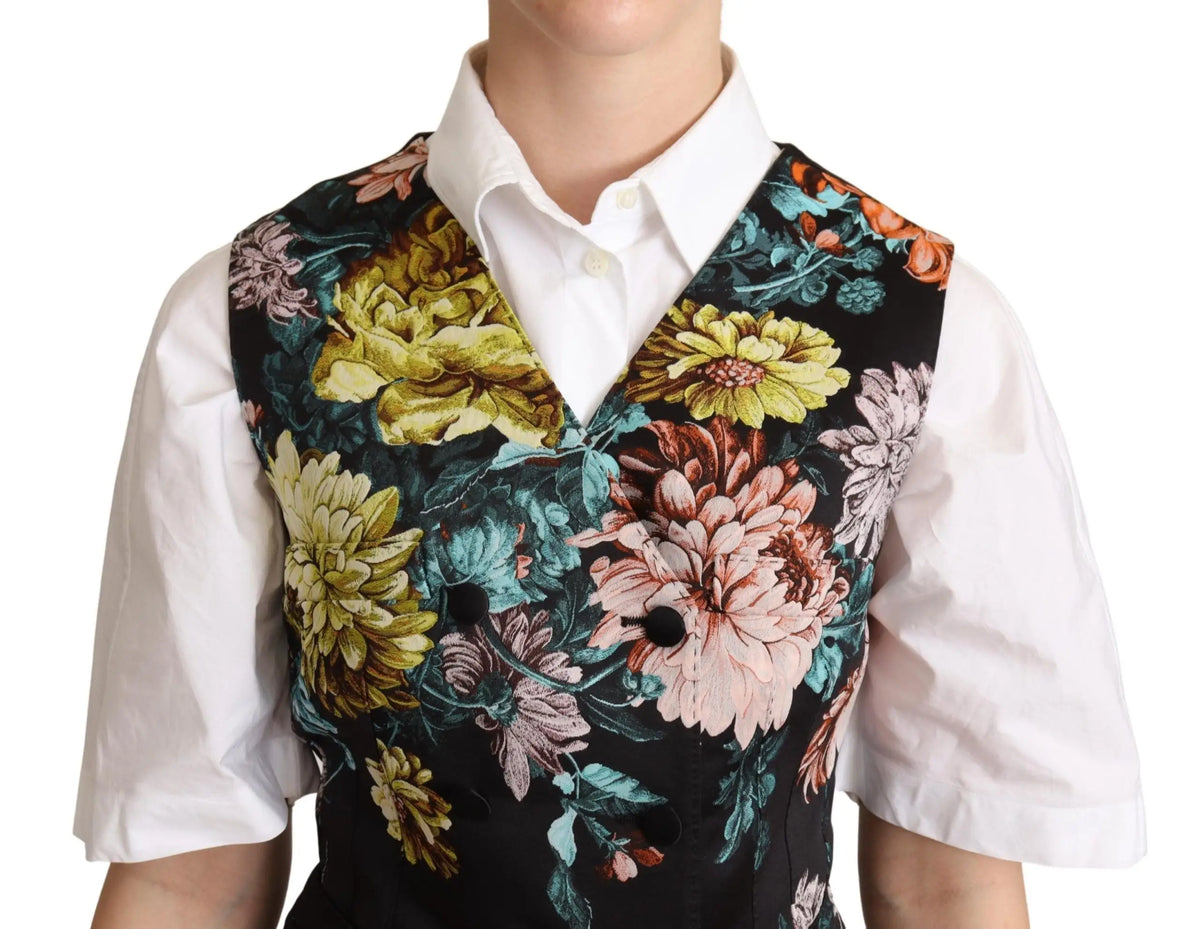 Dolce & gabbana gilet jacquard noir à fleurs vibrantes jaune rose et teal avec imprimé floral noir