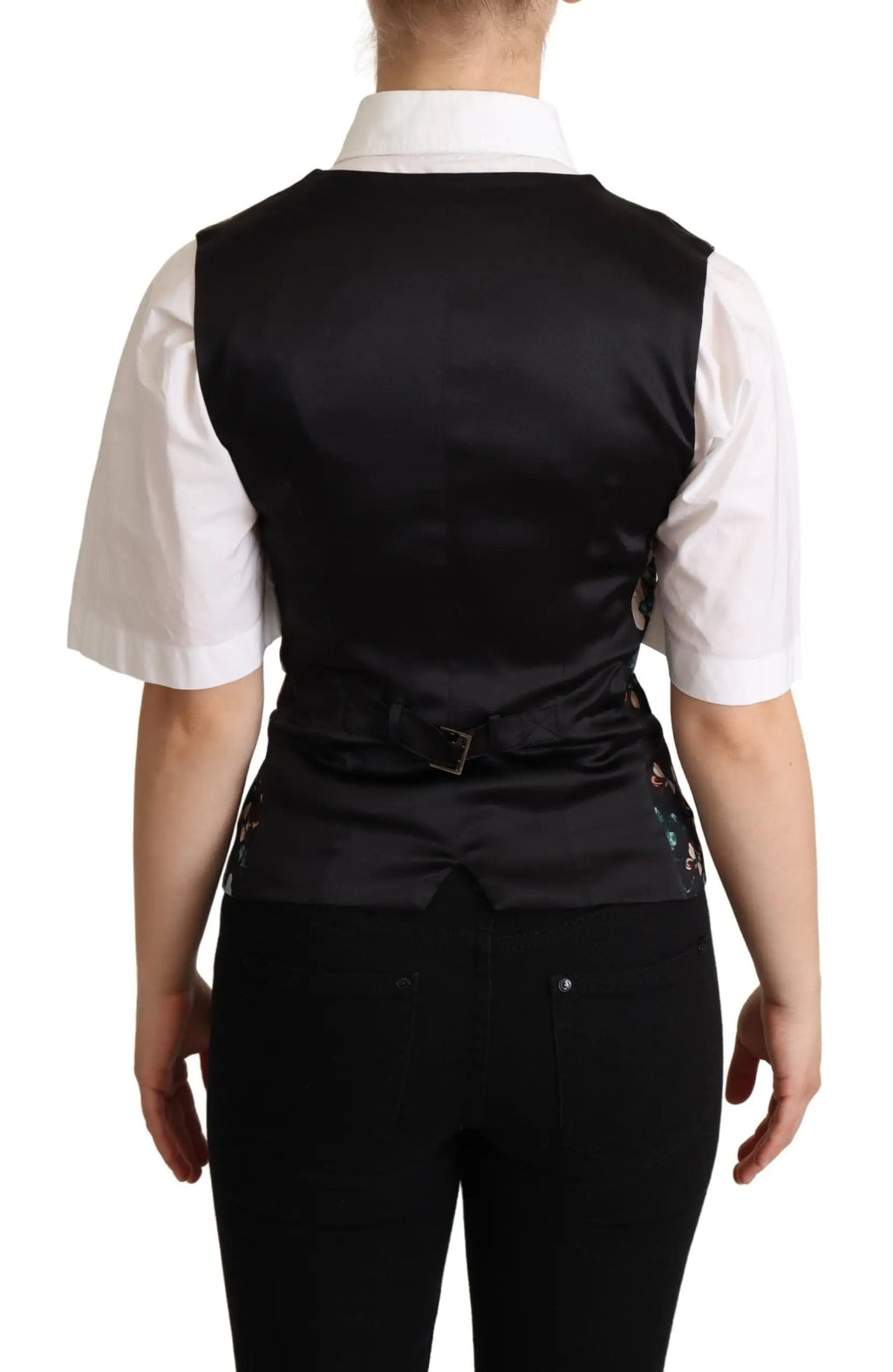 Dolce & Gabbana black satin jacquard floral waistcoat vest with subtle embroidery and matching belt buckle