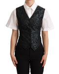 Dolce & gabbana black jacquard floral waistcoat vest with intricate dark gray embroidery on green background