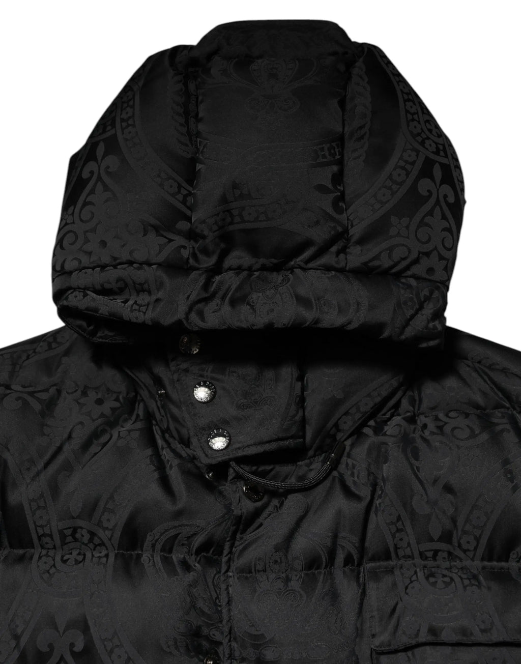Veste matelassée noire dolce & gabbana en jacquard avec capuche matelassée et motif embossé subtil