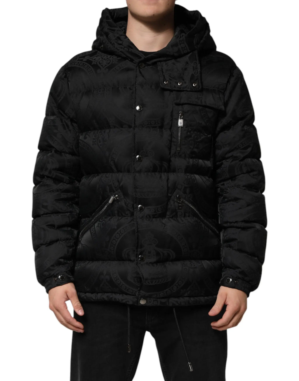 Dolce & gabbana veste matelassée noire en tissu jacquard avec motif en relief et capuche