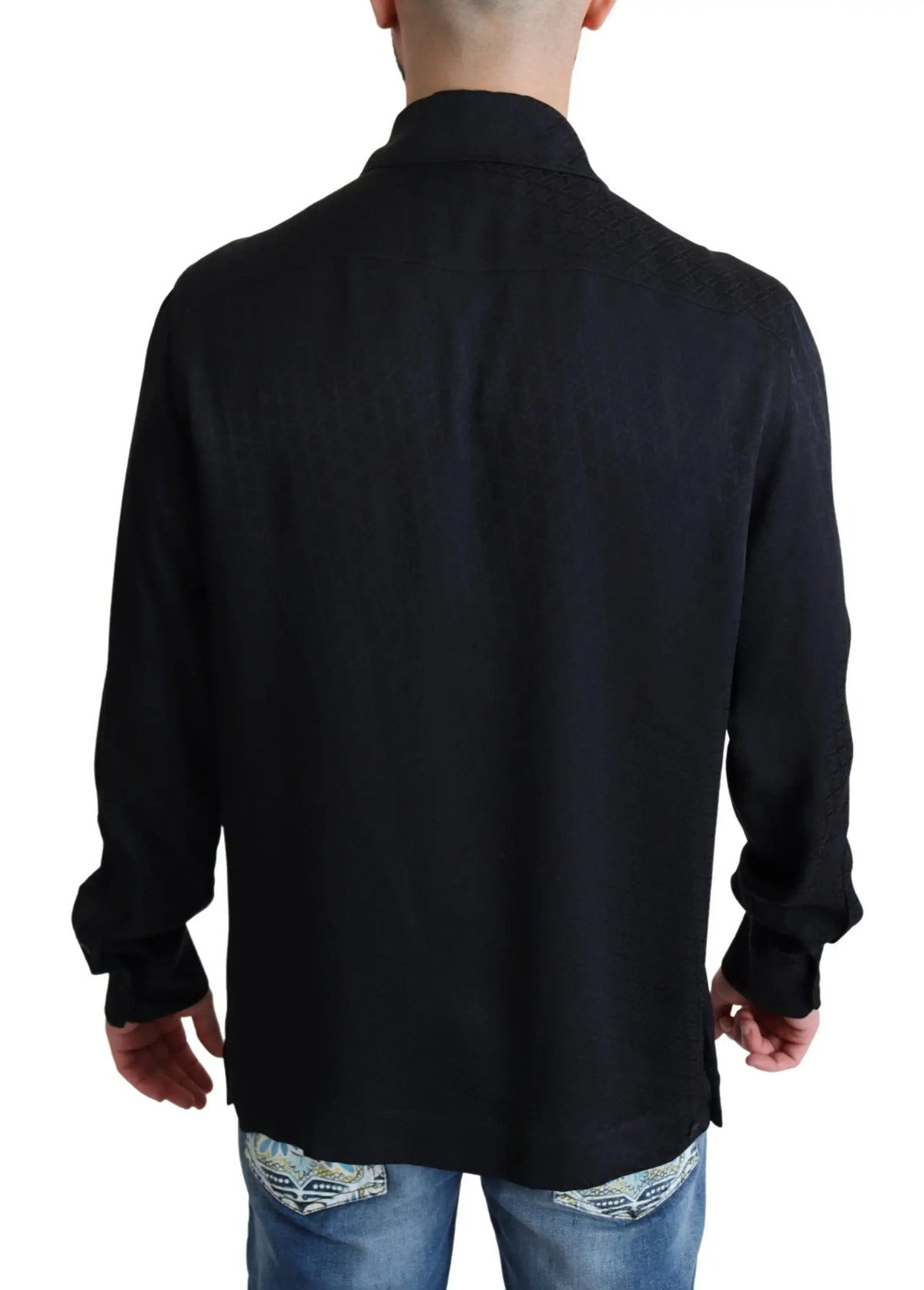 Chemise noire dolce gabbana en soie jacquard à manches longues avec col classique et texture subtile