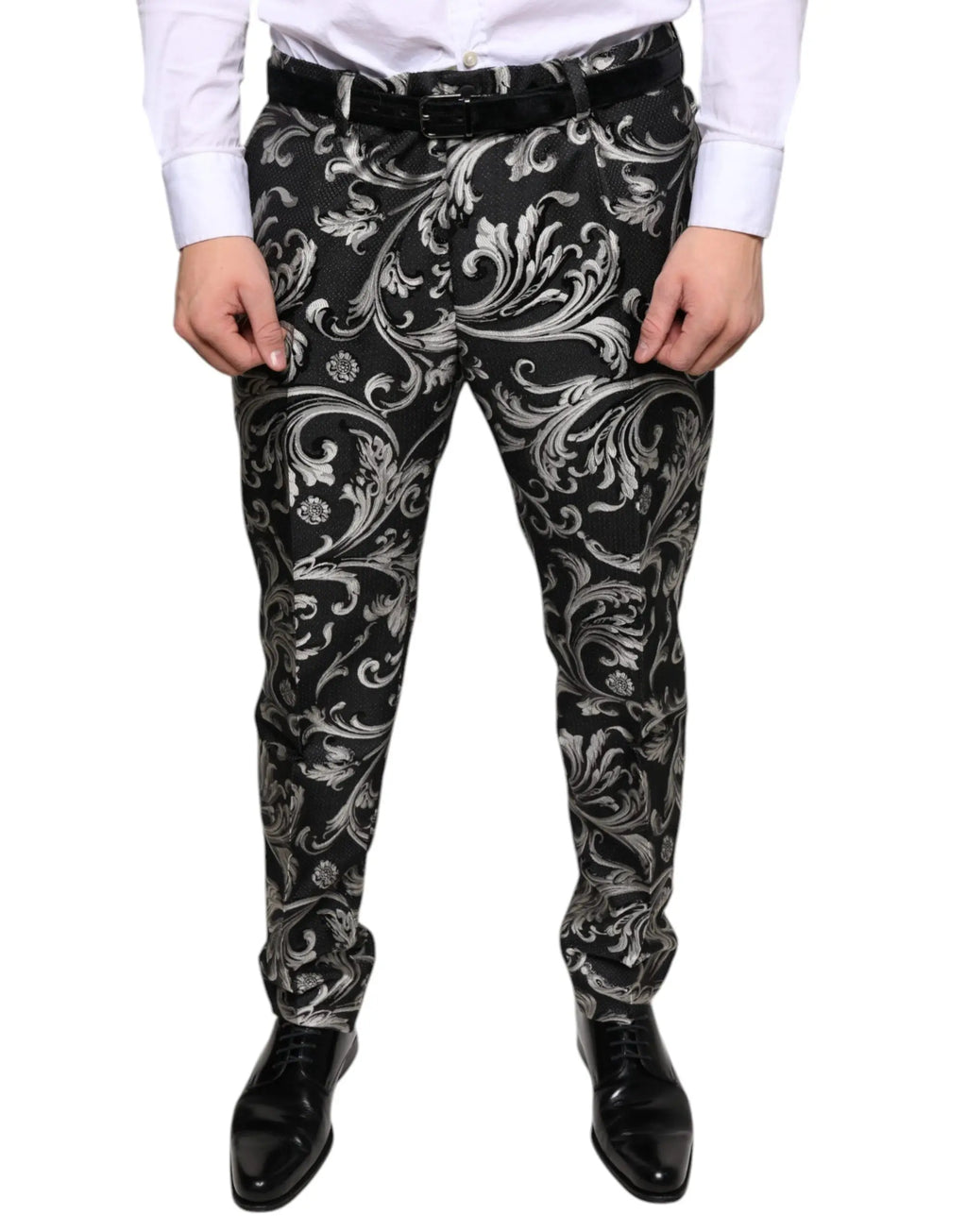 Pantalon habillé skinny noir dolce gabbana en jacquard avec motif floral baroque argenté détaillé
