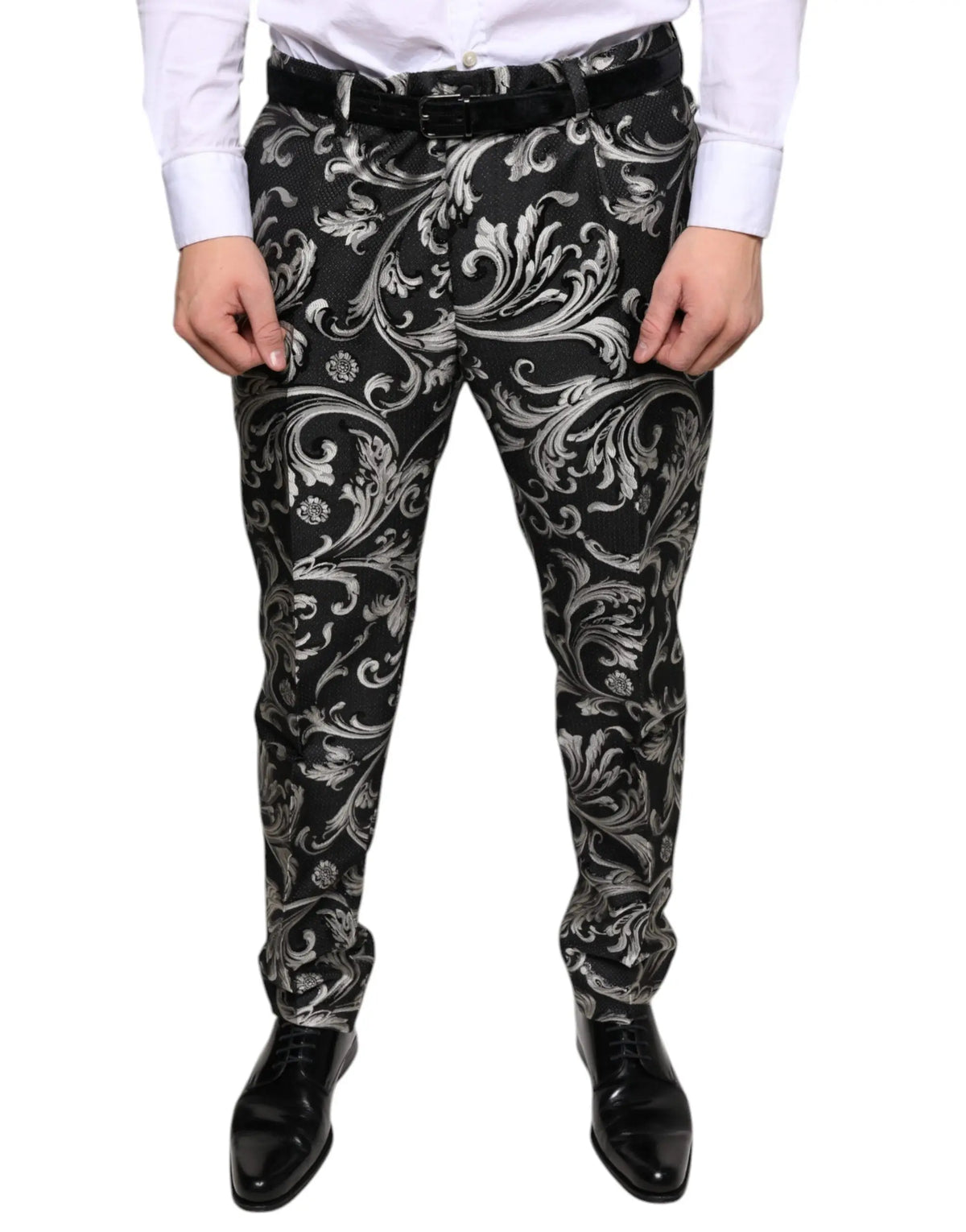 Pantalon habillé skinny noir dolce gabbana en jacquard avec motif floral baroque argenté détaillé