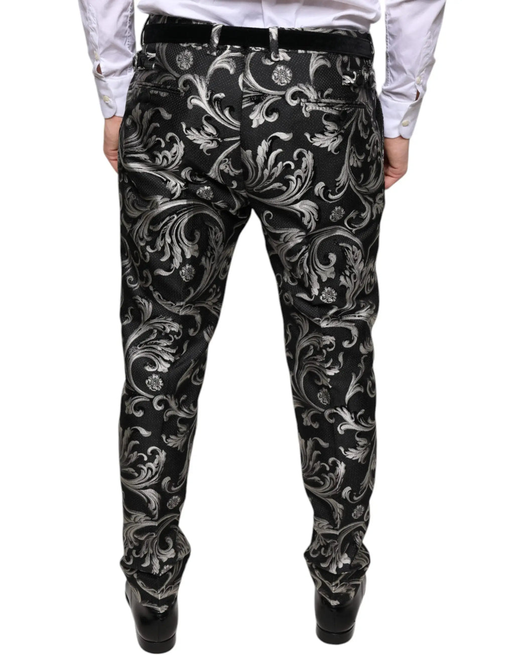 Pantalon de costume noir jacquard skinny dolce & gabbana avec motif orné noir et argent et coupe ajustée élégante