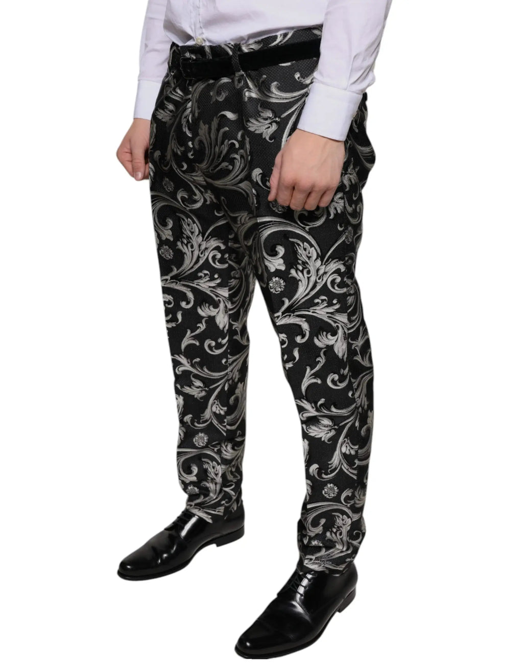 Pantalon slim jacquard noir dolce & gabbana avec motifs floraux baroques argentés et ceinture assortie