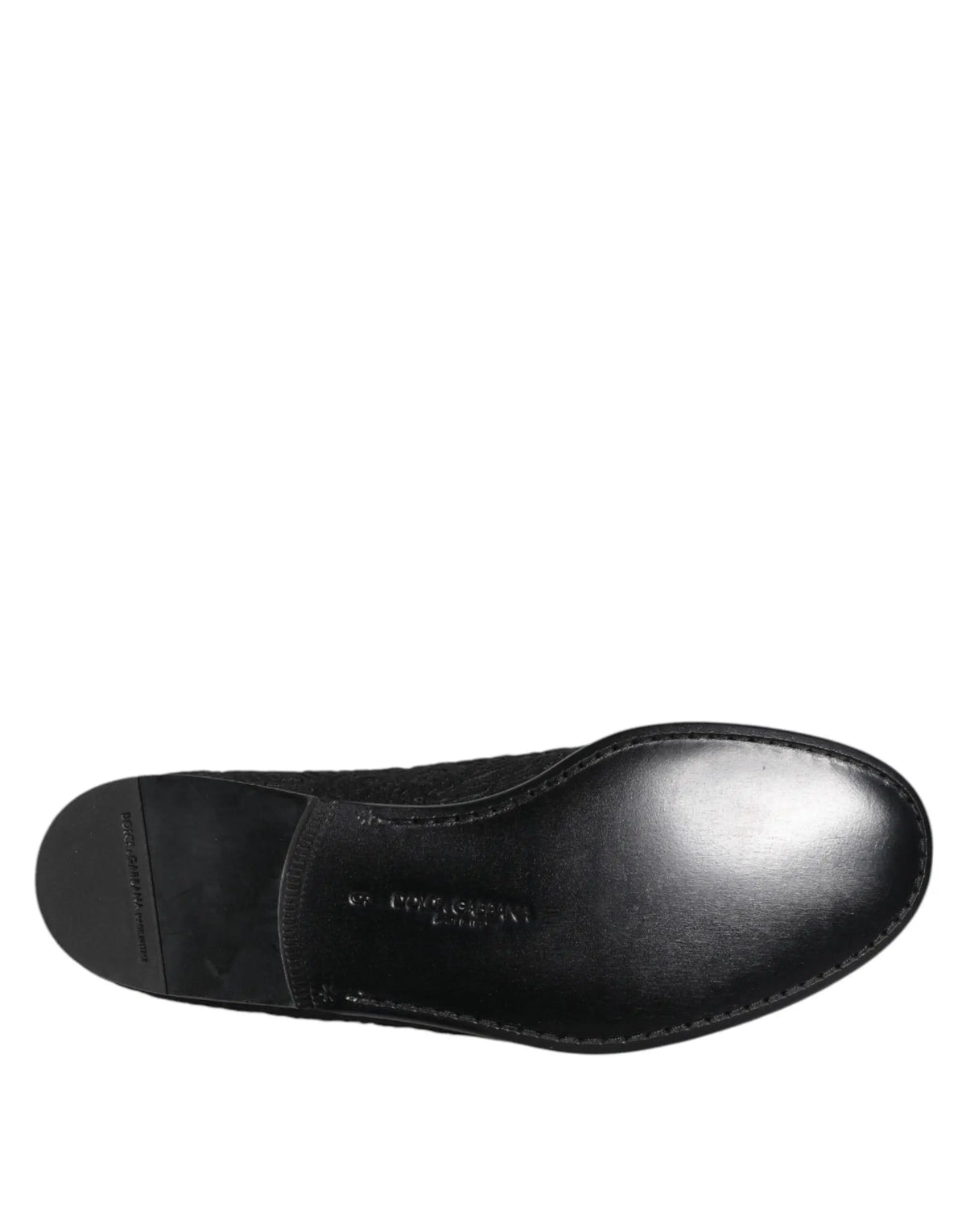 Dolce & gabbana noir mocassins slip on en cuir jacquard avec finition lisse et couture visible le long de la semelle