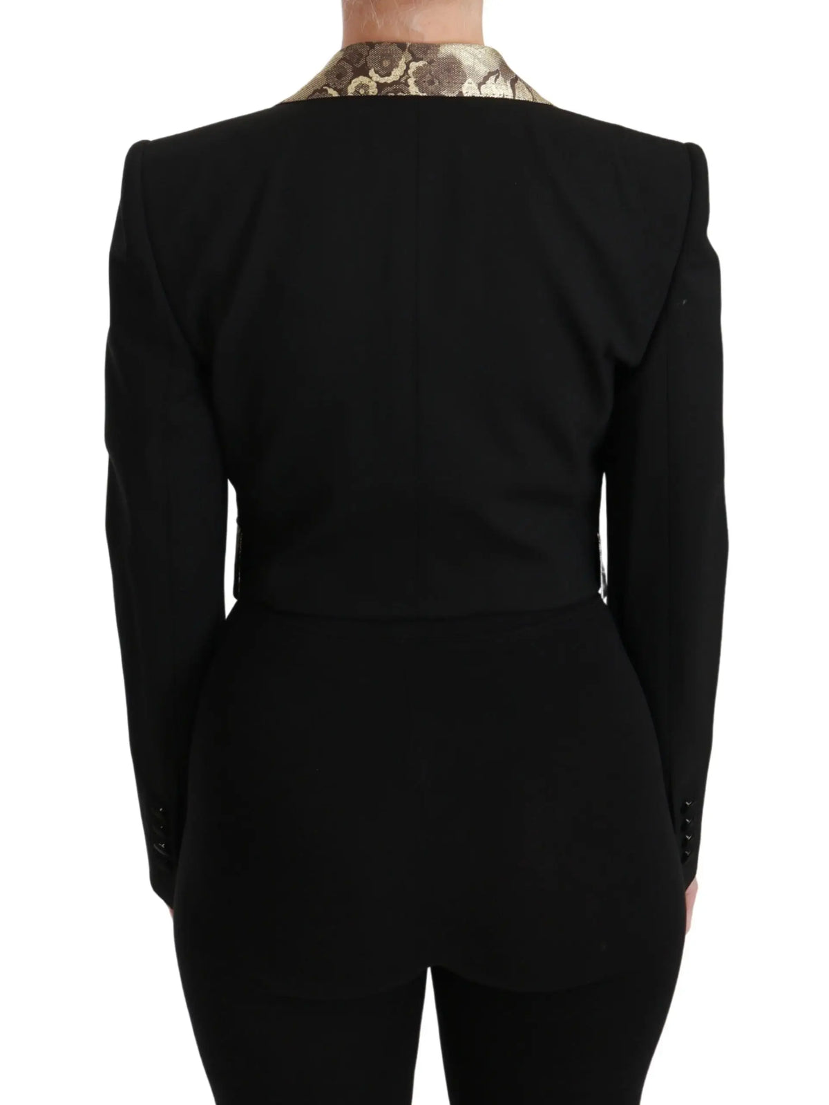 Dolce & Gabbana veste blazer noir en laine avec col floral doré et marron contrastant en jacquard