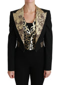 Dolce gabbana veste blazer noire en jacquard avec revers floraux dorés et doublure intérieure léopard en laine