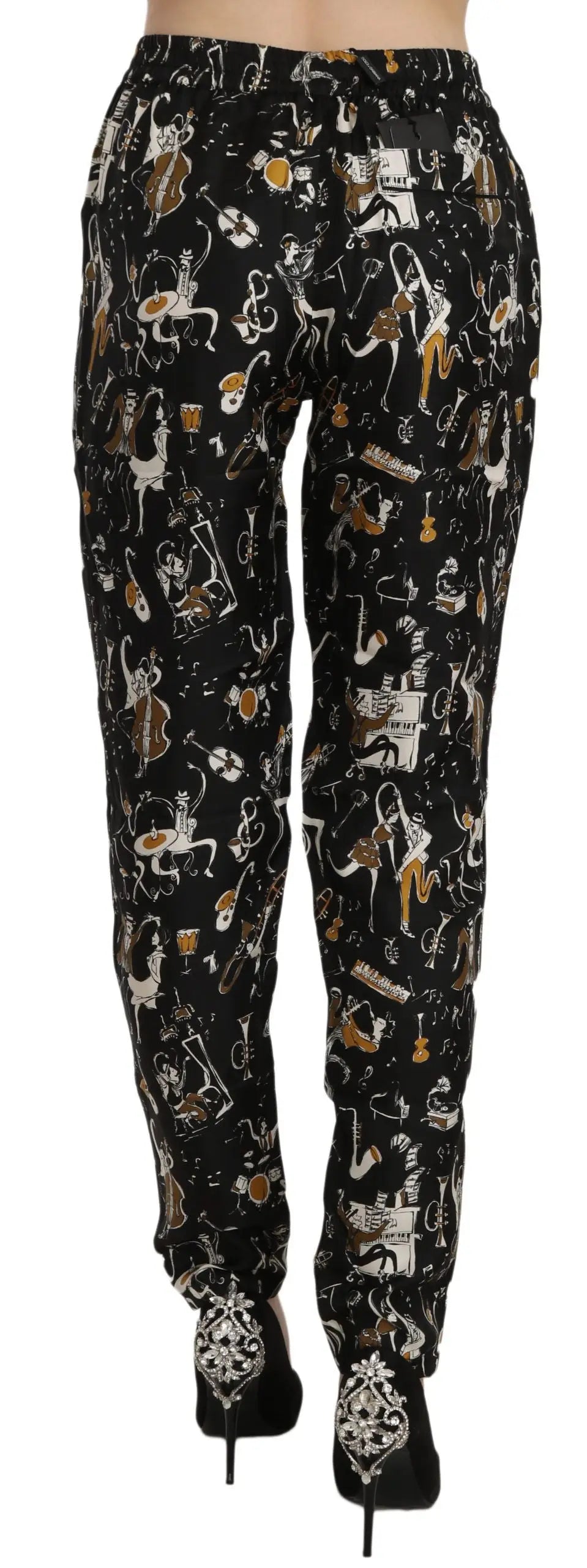 Pantalon dolce & gabbana noir taille haute à imprimé jazz club en blanc et or avec musiciens et instruments