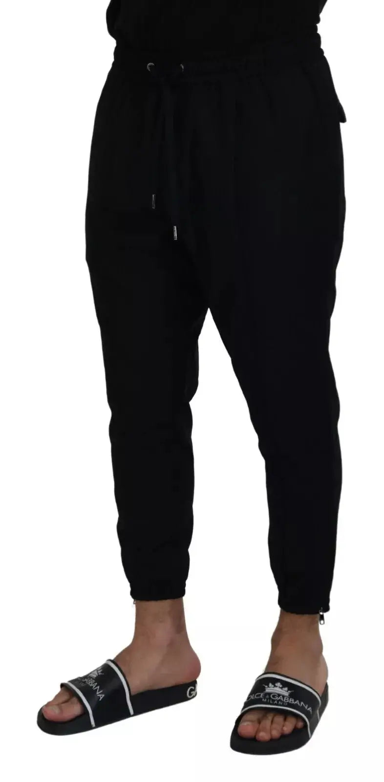 Dolce & gabbana jogger noir en laine avec taille à cordon et poignets élastiques pour jogging