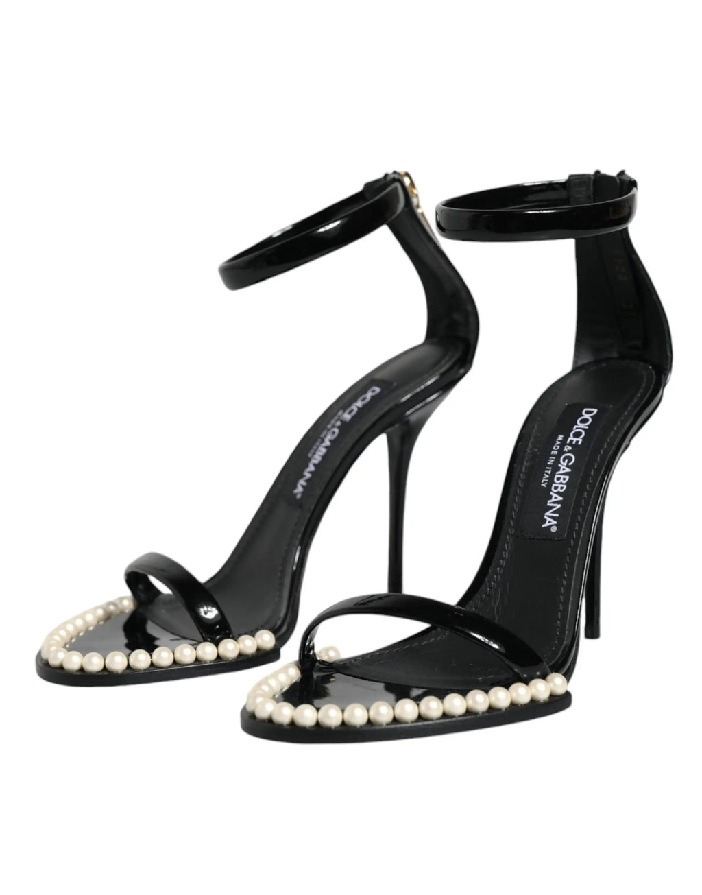 Dolce & gabbana sandales à talons noires en cuir verni avec perles fausses et logo sur la semelle intérieure