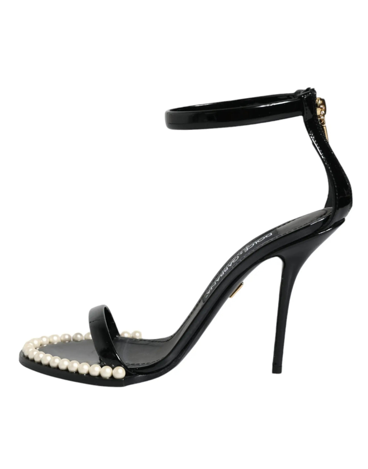 Sandales à talons dolce & gabbana keira en cuir noir verni avec bride ornée de perles et fermeture éclair dorée