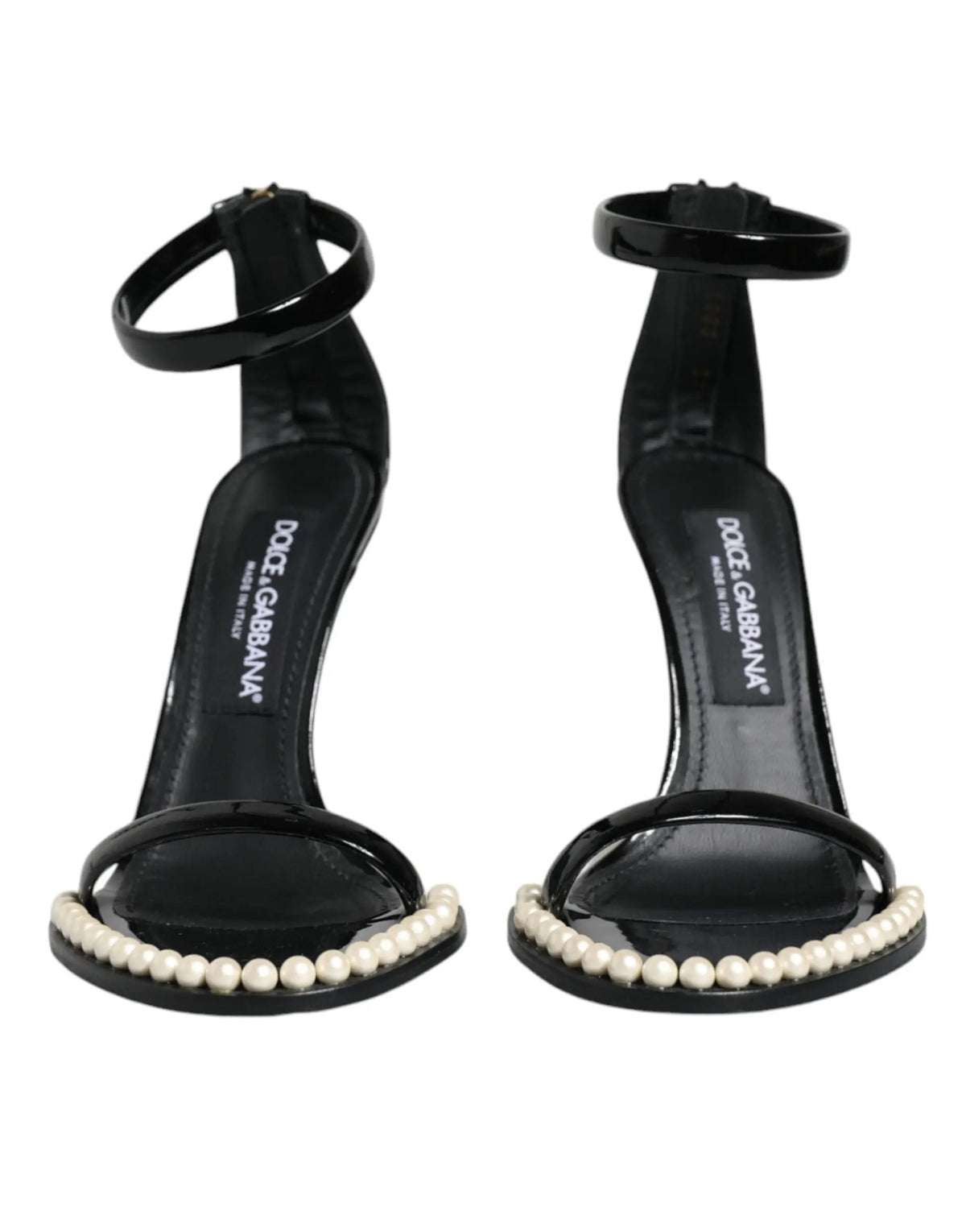 Dolce & gabbana sandales à talons keira en cuir noir avec finition brillante et bordure perlée décorative
