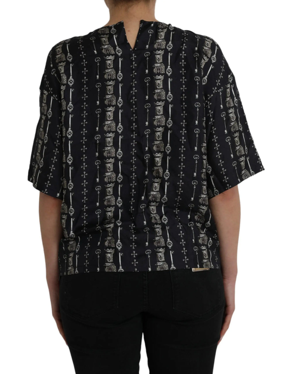 Blouse noire dolce & gabbana en soie avec motif clé et croix blanc manches courtes