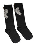 Chaussettes noires montantes dolce & gabbana en maille avec embellissements floraux en cristal argenté et boutons dorés