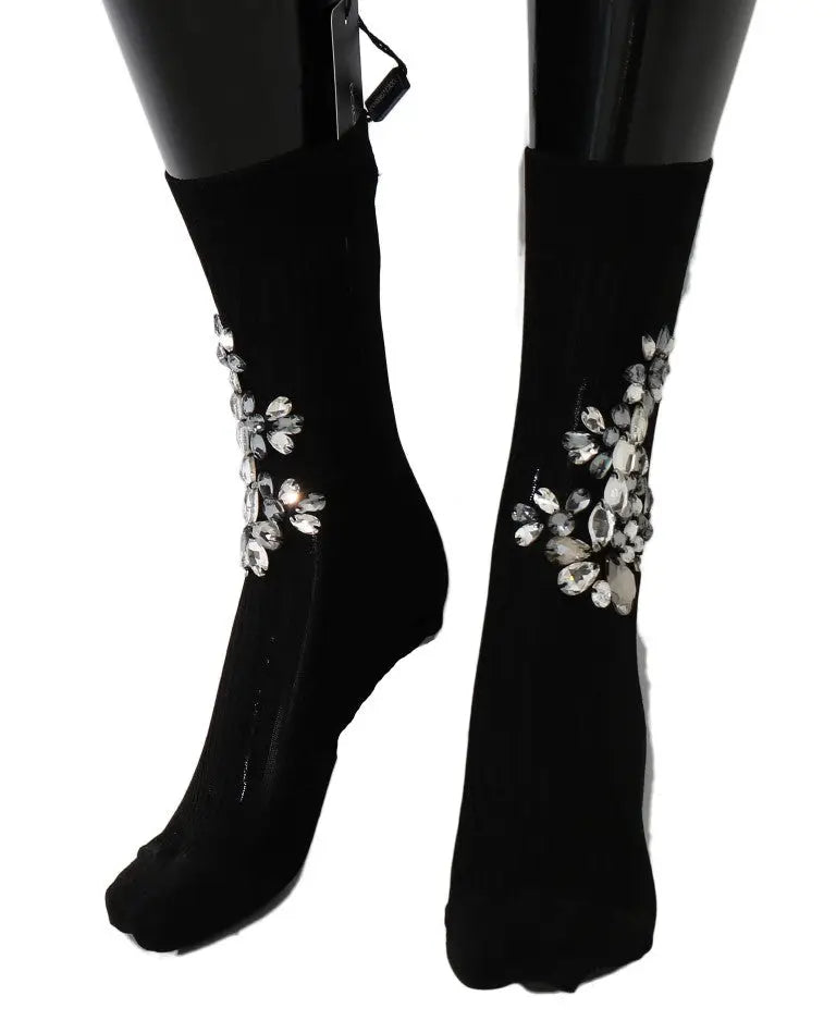 Dolce & gabbana chaussettes noires en tricot avec fleurs claires en cristal et bottines en velours noir à cristaux étincelants