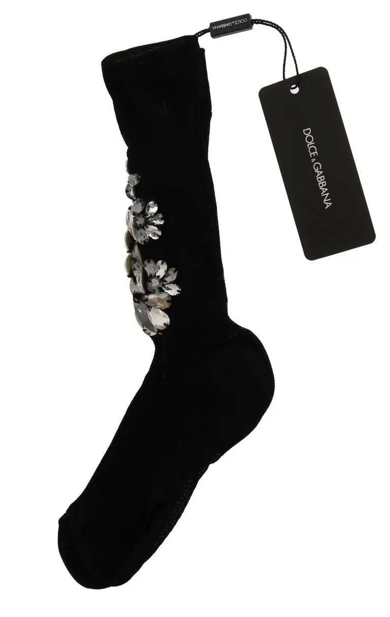 Dolce gabbana chaussettes noires en velours avec embellissements floraux argentés et blancs en cristal clair
