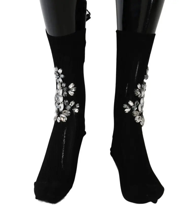 Dolce & gabbana chaussettes noires en velours décorées de fleurs en cristaux clairs scintillants