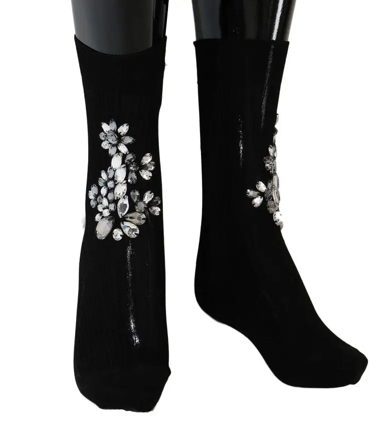 Dolce & gabbana chaussettes en maille noires avec motifs floraux en cristaux clairs argentés étincelants