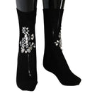 Dolce & gabbana chaussettes en maille noires avec motifs floraux en cristaux clairs argentés étincelants