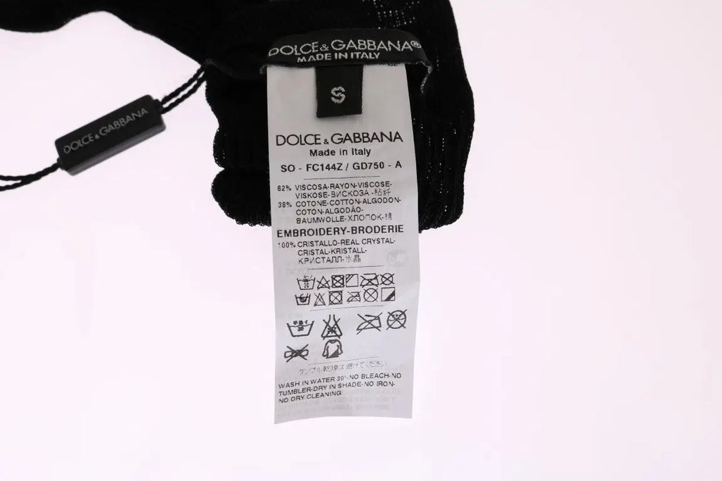 Étiquette noire dolce & gabbana avec instructions d entretien au dos pour chaussettes en maille noire florale avec cristaux clairs