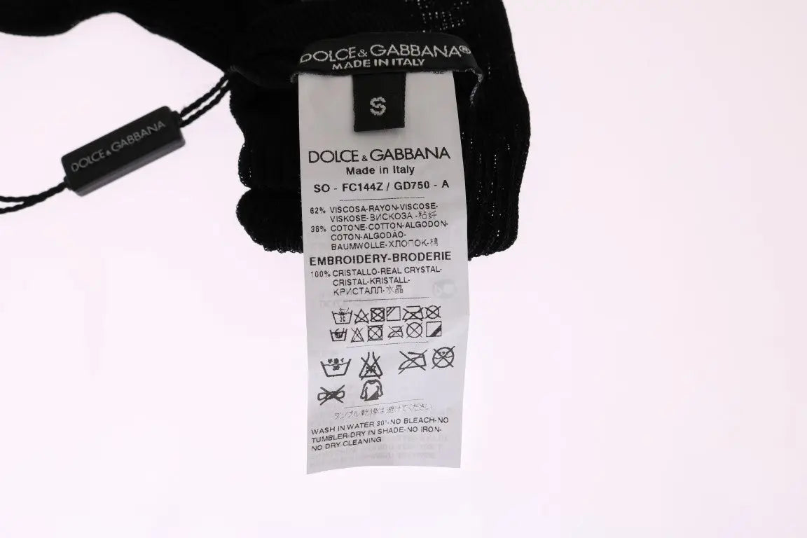 Étiquette noire dolce & gabbana avec instructions d entretien au dos pour chaussettes en maille noire florale avec cristaux clairs