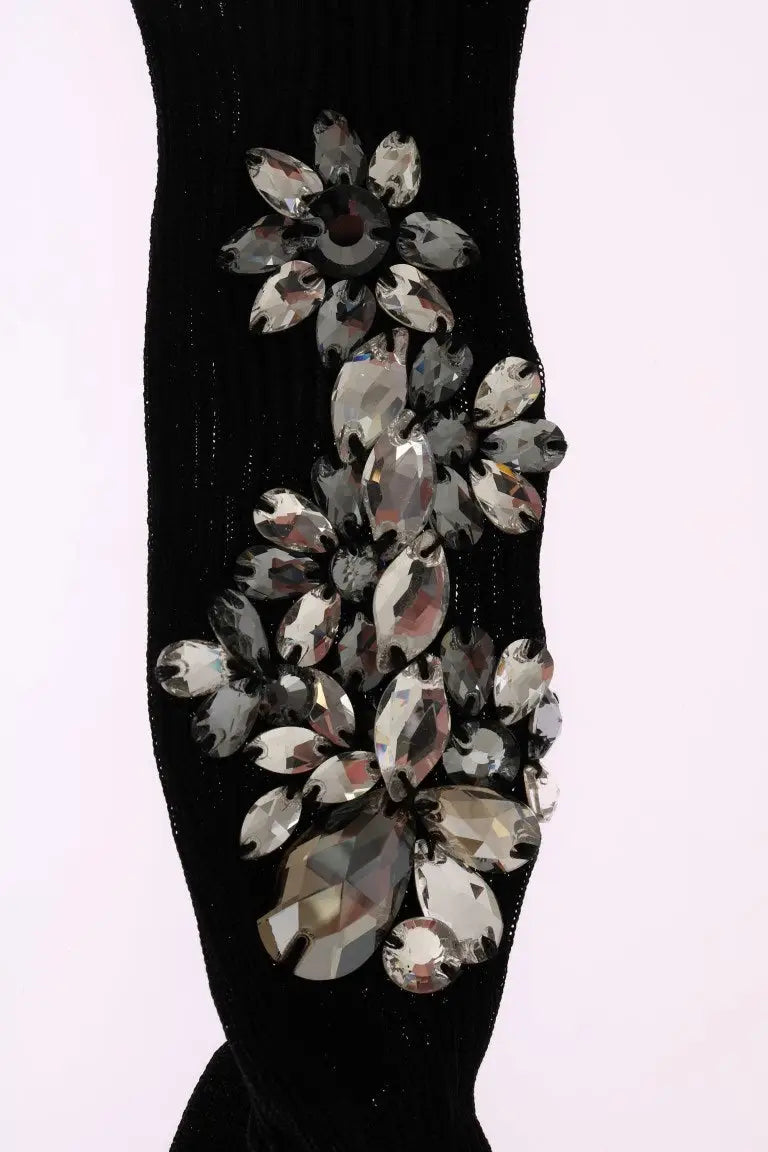 Chaussettes noires en maille dolce gabbana ornées de fleurs en cristaux clairs argentés facettés en cascade