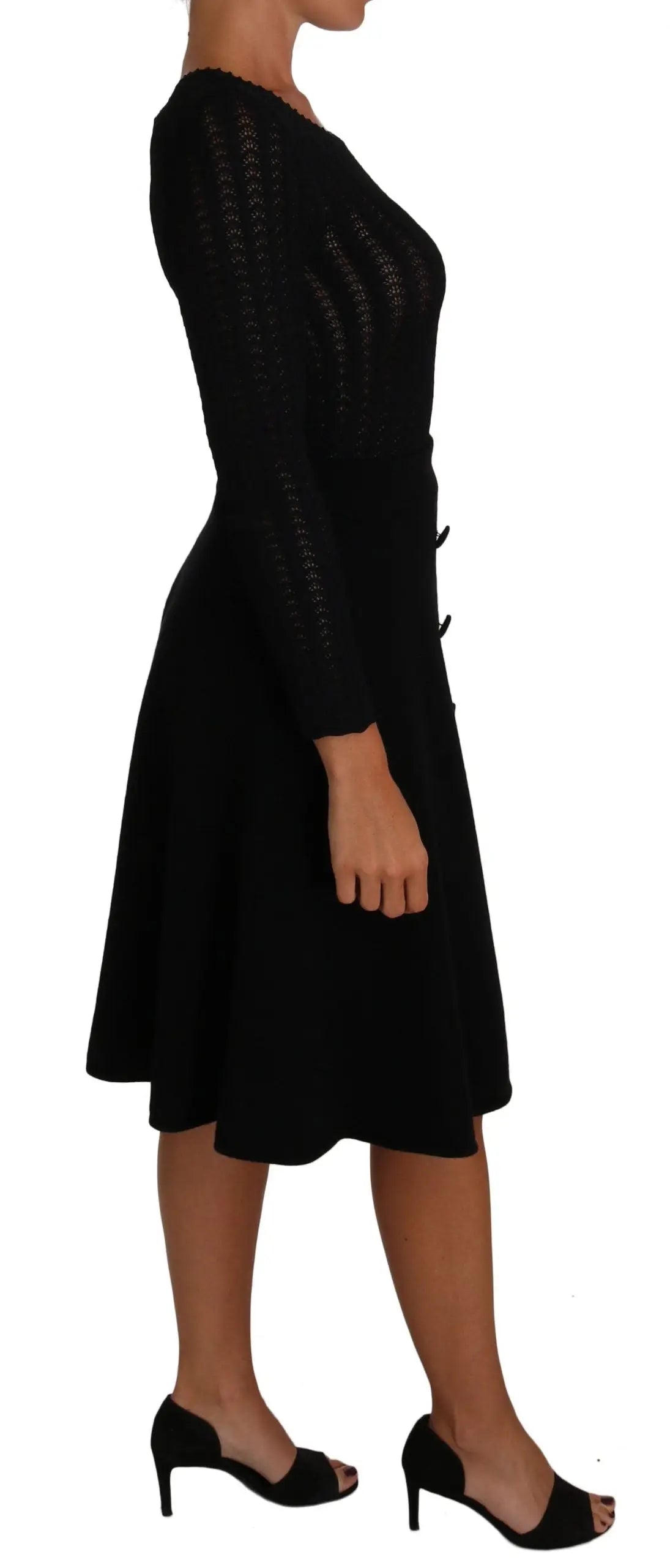 Robe Dolce & Gabbana noire en laine torsadée à manches longues avec jupe évasée et boutons sur le devant