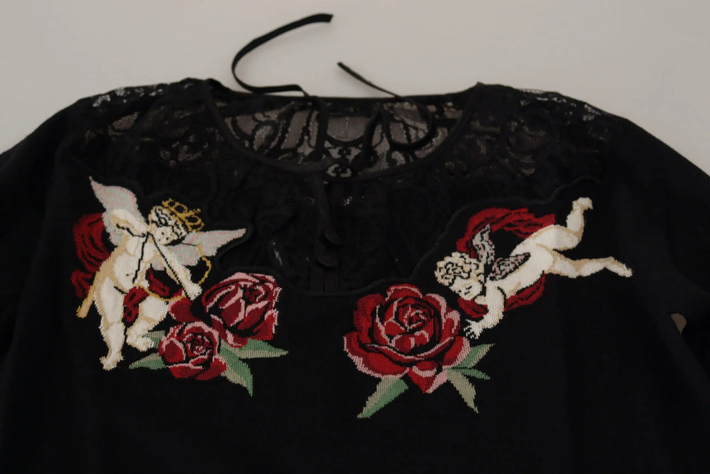 Dolce & gabbana cardigan en dentelle noire avec broderies danges et roses rouges