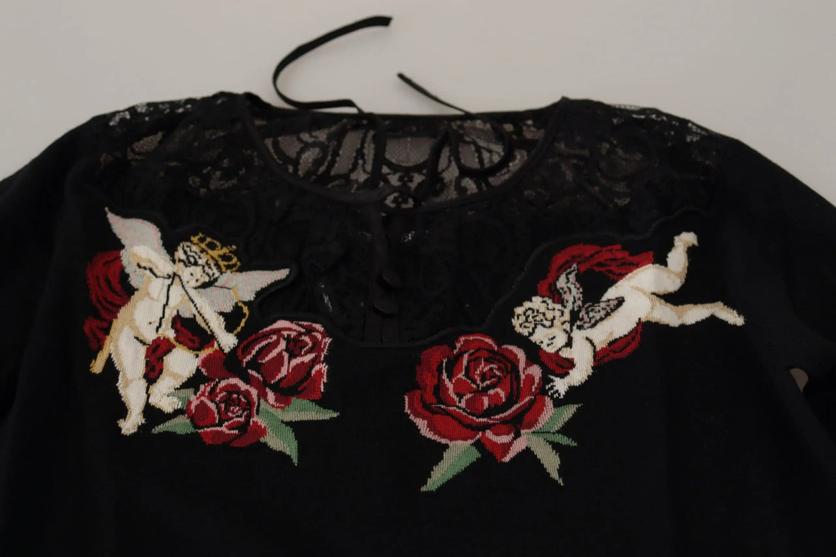 Dolce & gabbana cardigan en dentelle noire avec broderies danges et roses rouges